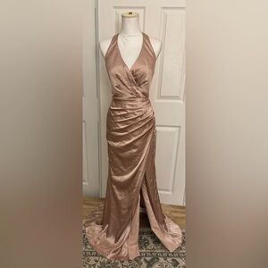 Champagne/sand satin halter neckline dress with knee slit